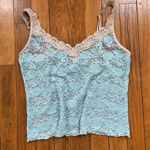 Sheer baby blue Lace Tank Top with Beige Trim M y2k 2000s 90s crop top